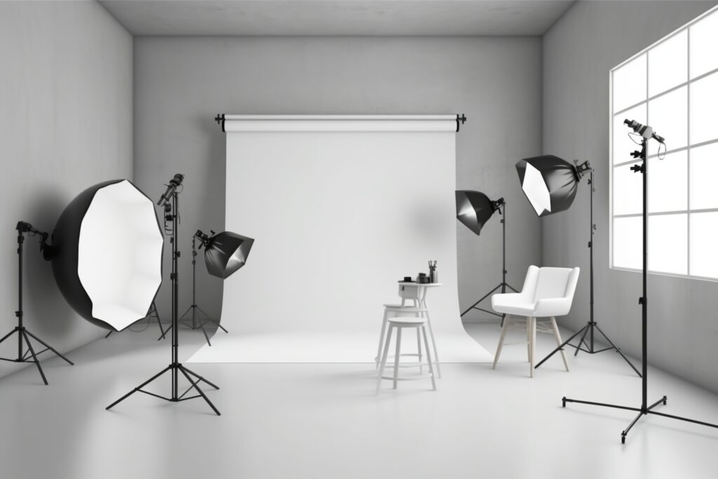Photo studio lighting set up with white backdrop, 3d rendering